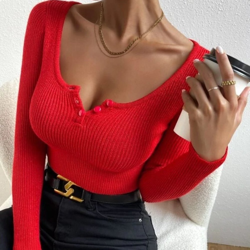 Scoop Neck Button detailed Cropped Rib-Knit Red Sweater top - Picture 2 of 7